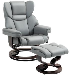 Faux Leather Recliner Chair and Footstool, HOMCOM Swivel Upholstered Armchair w/ Adjustable Backrest, Wood Base, Light Grey Aosom UK