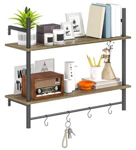 HOMCOM Wall Mounted Floating Shelves with 4 Hooks, Rustic Wall Shelf Unit for Living Room, Entryway, Grey
