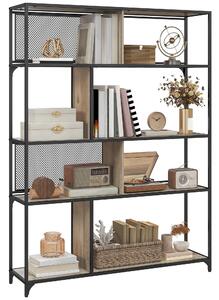 HOMCOM 5 Tier Book Shelf with Sliding Mesh Doors, Industrial Storage Shelves, Metal Shelving Unit for Bedroom, Grey Wood Grain Aosom UK