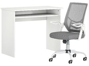 HOMCOM Home Office Furniture Set, Modern Computer Desk with Storage Shelf and Ergonomic Mesh Chair with Flip-Up Arms, Lumbar Support, Adjustable Height, Swivel Wheels, White and Grey