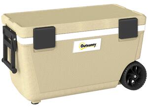 Outsunny 70L Insulated Cool Box with Wheels, Portable Ice Cooler with Handle, Lid and Drain Valve, Khaki