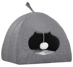 PawHut Cat Cave Bed for Indoor Kittens, Cat House with Removable Cushion and Teaser Ball, Kitty Igloo with Anti-Slip Base, 42 x 42 x 39 cm, Grey