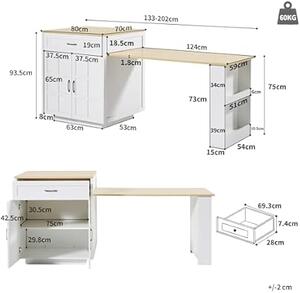 Extendable Bar Table with 2 Compartments and Side Spice Rack, Expandable Kitchen Island for 2–6 People, 133-202L x 70W x 93.5H cm, White Aosom UK