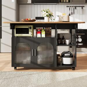 Mobile Kitchen Island with Folding Dining Tops and Storage, Multifunctional Dining Trolley for Modern Home, 120L x 30-70W x 79.5H cm, Black Aosom UK