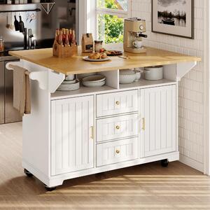 Extendable Kitchen Island with 3 Drawers, 2 Doors & Adjustable Shelves, Versatile Trolley for Dining, 120L x 40-80W x 95H cm, White Aosom UK