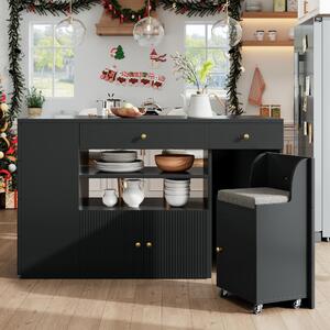 Adjustable Kitchen Island with 2 Stools, 6-Drawer and Generous worktop, Versatile Sideboard with Open Shelves, 140L x 40W x 89H cm, Black Aosom UK
