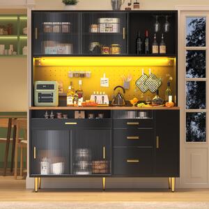 Modern Highboard with Height-Adjustable Shelves & App-Controlled LED, Tall Cabinet for Living, Dining Area, 145L x 39W x 171H cm, Black Aosom UK