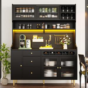 Modern Highboard with LED Lighting & Adjustable Shelves, Freestanding Cabinet with Pull-Out Wine Rack, 145L x 39W x 171H cm, Black Aosom UK
