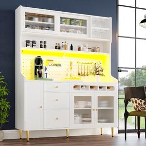 Freestanding Highboard with LED Lighting & Pull-Out Wine Rack, Tall Storage Cabinet with Sliding Glass Doors, 145L x 39W x 171H cm, White Aosom UK