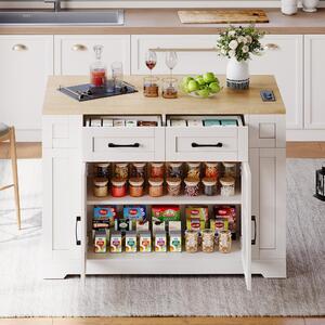 Mobile Kitchen Island with Foldable Tabletop and Sockets, Storage Buffet with Adjustable Shelves, 120L x 65W x 92H cm, White+Natural Aosom UK