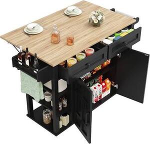 Sleek Kitchen Trolley with 2 Drawers and Cabinets, Mobile Kitchen Island with Foldable Tabletop, 129L x 46W x 91.5H cm, Black+Natural Aosom UK