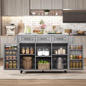 Stylish Kitchen Trolley with Foldable Wood-Grain Countertop, Versatile Buffet with Interchangeable Wheels, 139L x 46W x 91H cm, Gray Aosom UK