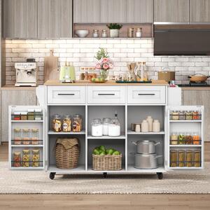 Stylish Kitchen Trolley with Foldable Wood-Grain Countertop, Versatile Buffet with Interchangeable Wheels, 139L x 46W x 91H cm, White Aosom UK