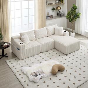 Modular L-Shaped Sectional Sofa with High-Resilience Foam, Plush Corduroy Chaise Lounge for 3 People, 257L x 160W x 80H cm, Beige Aosom UK