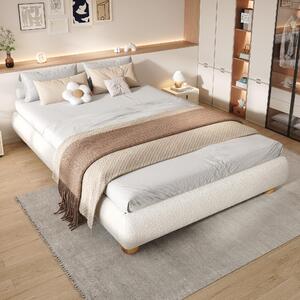 Modern Upholstered Double Bed with Sturdy Slatted Frame, Bouclé Platform Bed with Rounded Modern Legs, 197L x 146W x 30H cm, Beige Aosom UK