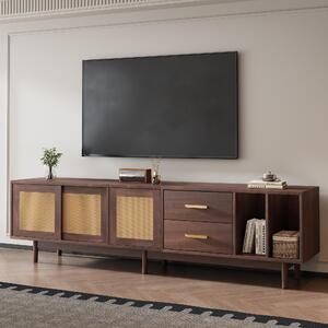 Stylish TV Stand Cabinet with Rattan Sliding Doors & 2 Drawers, Sturdy Media Console with Ample Storage, 190L x 40W x 52H cm, Wood Aosom UK