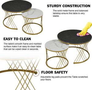 Set of 2 Modern Nesting Marble Coffee Tables with Metal Frame, Round Side Tables for Living Room, Bedroom, Study, 70x70x45 cm, Grey Aosom.UK