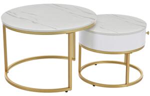 Round Nesting Coffee Tables with Drawer, Set of 2 with Storage, Gold Metal Frame and Marble Pattern Top for Living Room and Office, White Aosom UK