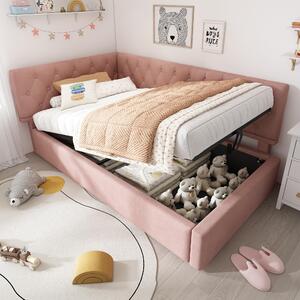 Stylish Upholstered Daybed with Hydraulic Ottoman Storage, L-Shaped Single Sofa Bed with Velvet Fabric, 196L x 100W x 77H cm, Pink Aosom UK