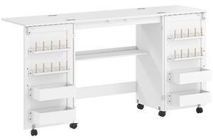 HOMCOM Folding Sewing Table with 2 Magnetic Doors, Storage Shelf, Lockable Wheels, Space Saving, White