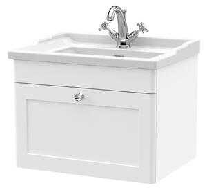 Classique Wall Mounted 1 Drawer Vanity Unit with Ceramic Basin Satin White