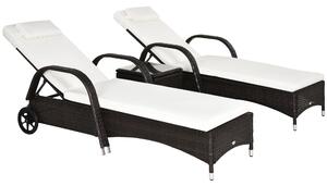 Outsunny 3 Pieces Patio Lounge Chair Set, Garden Wicker Wheeling Recliner Outdoor Daybed, PE Rattan Lounge Chairs w/ Cushions Aosom UK