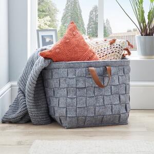 Grey Felt Storage Basket with Leather Handle