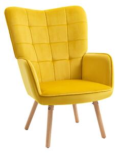 Modern Accent Chair HOMCOM Velvet-Touch Tufted Wingback Armchair Upholstered Leisure Lounge Sofa Club Chair with Wood Legs, Yellow Aosom UK