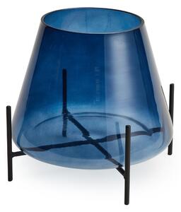 Blue Glass Conical Vase with Black Metal Stand Blue