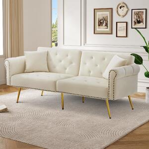 2-Seater Modern Sofa Bed with Independent Backrests, Gold-Plated Metal Feet, Velvet Couch for Living Room, 177L x 74W x 71H cm, White Aosom UK