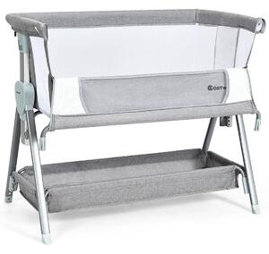 Costway Portable Baby Crib with Adjustable Height and Wheels-Grey