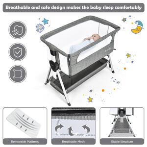 Costway Portable Baby Crib with Adjustable Height and Wheels-Dark Grey