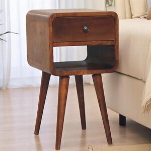 100 % Solid Wood Mini Bedside Table with Drawer and Curved Open Shelf, Handcrafted Desk for Compact Storage, 30L x 30W x 55H cm, Brown Aosom UK