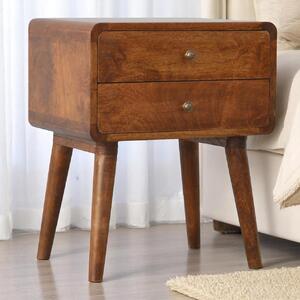 Solid Wood Curved Bedside Table with 2 Drawers and Natural Wood Grain, Handcrafted Desk for Living Room, 35L x 45W x 55H cm, Brown Aosom UK