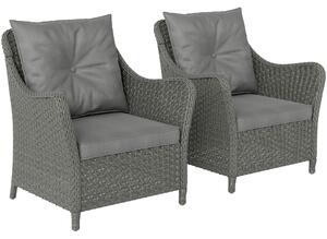 Outsunny Rattan Garden Chairs Set of 2, Outdoor Rattan Chairs with Cushions, Armrests and High Back, PE Wicker Garden Armchair with Steel Frame for Balcony, Porch, Dark Grey