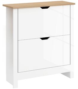 HOMCOM Slim Shoe Cabinet Narrow High Gloss 12-Pair White with 2 Flip Drawers Adjustable Shelves Space Saving Shoe Storage Solution Aosom UK