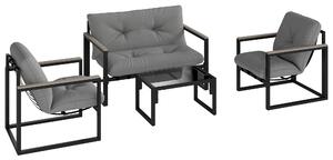 Outsunny Garden Furniture Set, 4 Piece Indoor Outdoor Conservatory with Loveseat Sofa, Armchairs, Glass Top Coffee Table, Cushions for Balcony, Poolside, Patio, Dark Grey