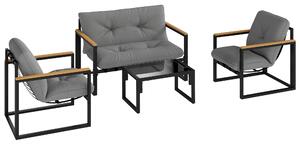Outsunny Garden Furniture Set, 4 Piece Indoor Outdoor Conservatory with Loveseat Sofa, Armchairs, Glass Top Coffee Table, Cushions for Balcony, Poolside, Patio, Light Grey