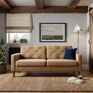 Jacob Velvet Buttoned Compact 3 Seater Sofa Caramel