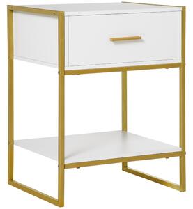 HOMCOM Modern Bedside Table, Bedside Cabinet with Drawer Shelf, Storage Organizer for Bedroom, Living Room, White and Gold