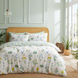 RHS Botanical Cottage Garden 200 Thread Count White Cotton Reversible Duvet Cover and Pillowcase Set White/Green/Yellow