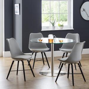 Milan Round Glass Top Dining Table with 4 Kari Chairs, Chrome Silver
