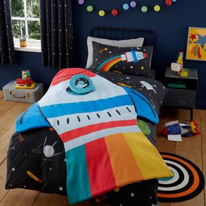 Outer Space Rocket Bedspread Black/Blue/Yellow