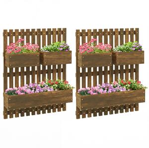 Outsunny Set of 2 Wall-mounted Wooden Garden Planters with Trellis, Drainage Holes and Movable Planter Boxes for Patio, Carbonised