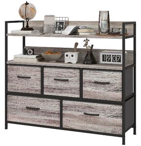 HOMCOM Rustic Chest of Five Fabric Drawers - Grey Wood Effect