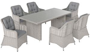 Outsunny 7 PCS Outdoor PE Rattan Dining Table Set, Patio Wicker Aluminium Chair Furniture w/ Tempered Glass Table Top, Cat Scratch Resistant, Grey