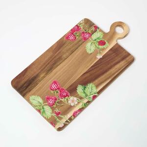 Homescapes 100% Acacia Wood Printed Chopping Board, 45 x 24 x 1.5 cm, Natural, Strawberry, Decorative, Food Safe