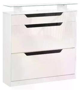 HOMCOM Shoe Cabinet High Gloss, 3 Drawer Storage, Tipping Bucket Design, Glass Top, 14 Pairs Capacity, White