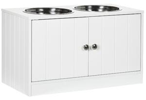 PawHut Raised Dog Bowls for Large Dogs Pet Feeding Station with Stand, Storage, 2 Stainless Steel Food and Water Bowls, White, 60 x 30 x 35.5 cm