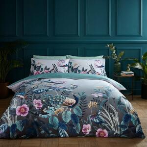 Peacock Gardenia Grey 100% Cotton Duvet Cover and Pillowcase Set